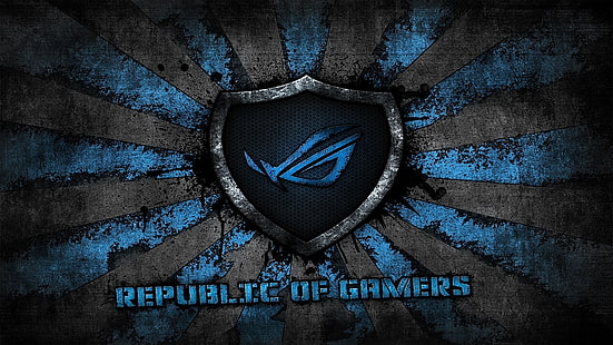 сине-черный логотип ASUS Republic of Gamers, логотип, серый, синий, фон, бренд, asus, rog, республика геймеров, asus gamer, HD обои HD wallpaper