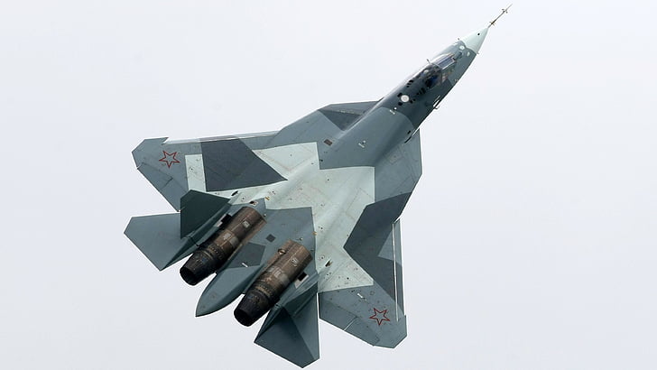 Nahaufnahmefoto des grauen und schwarzen Kampfflugzeugs, Sukhoi T-50, russische Armee, roter Stern, Kampfflugzeug, Luftwaffe, HD-Hintergrundbild