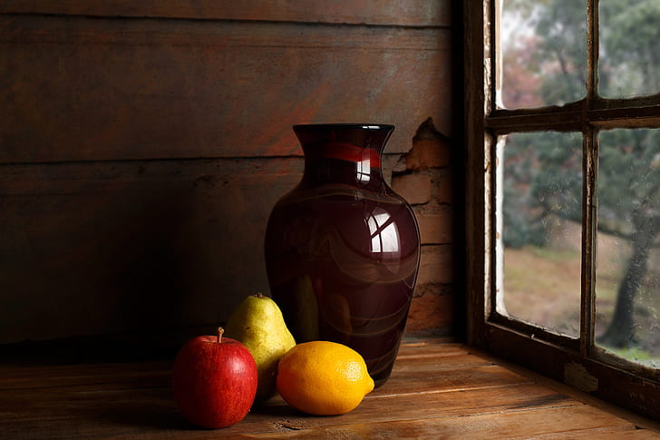 bodegón, ventana, jarrones, fruta, Fondo de pantalla HD