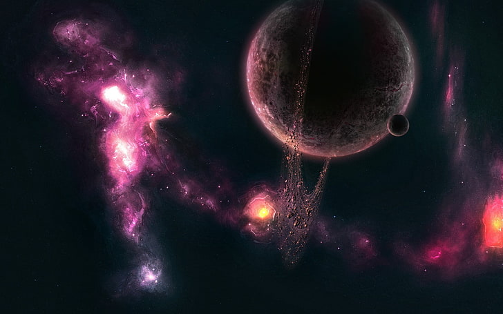 pink and black LED light, space art, space, planet, planetary rings, digital art, HD wallpaper