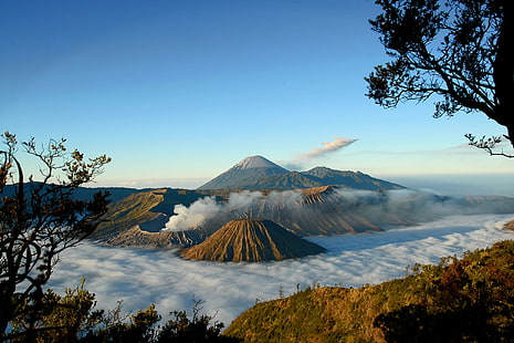 Góry, wulkany, mgła, chmury, wysokość, kratery, niebo, Tapety HD HD wallpaper