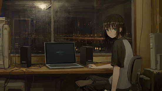 Anime, Original, Chica, Laptop, Fondo de pantalla HD HD wallpaper