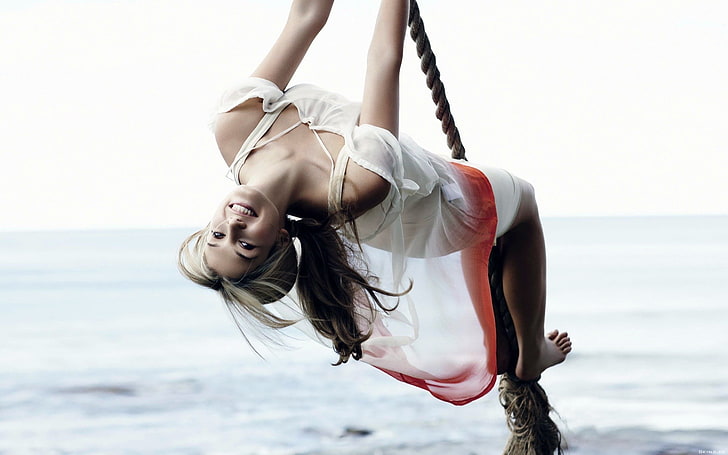 women, ropes, swings, sea, upside down, barefoot, HD wallpaper