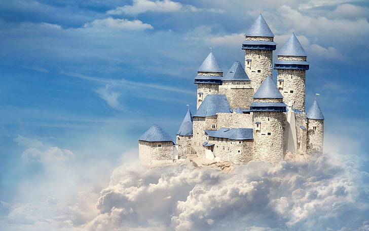 castelo de concreto branco e cinza, castelo branco e azul em nuvens, nuvens, castelo, arte digital, manipulação de fotos, céu, torre, HD papel de parede