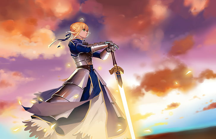 anime, anime girls, Sabre, Fate / Stay Night, Fate / Zero, Fate / Grand Order, armure, épée, arme, cheveux courts, blonde, yeux verts, Fond d'écran HD