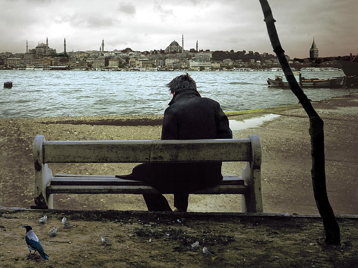 manteau noir pour hommes, seul, hommes, banc, Turquie, paysage urbain, Fond d'écran HD
