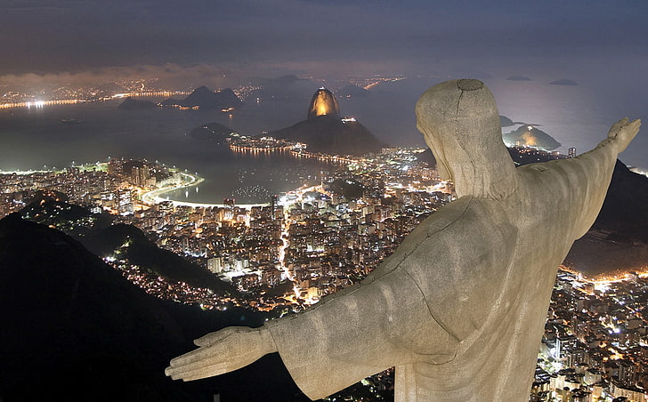 Христос Изкупителят, Рио де Жанейро, Христос Изкупителят, Рио де Жанейро, градски пейзаж, нощ, статуя, Бразилия, Бразилия, HD тапет