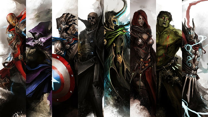 Kara dul, Kaptan Amerika, Hawkeye, Hulk, Demir Adam, Loki, Nick Fury, Thor, HD masaüstü duvar kağıdı