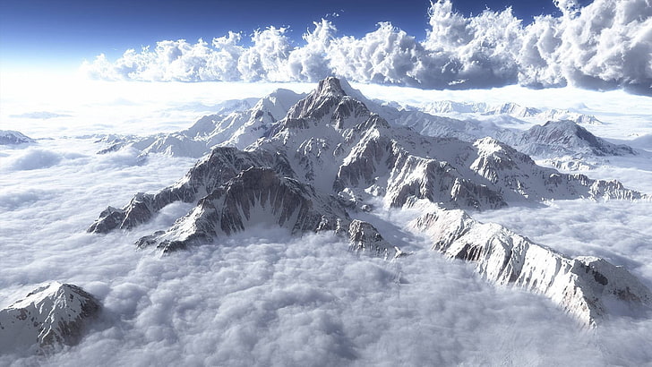 mountain covered with cloud digital wallpaper, mountains, clouds, snow, landscape, nature, HD wallpaper
