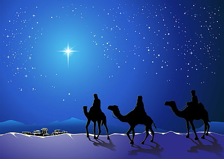 Holiday, Christmas, Blue, Camel, Night, Stars, The Three Wise Men, Town, HD wallpaper HD wallpaper