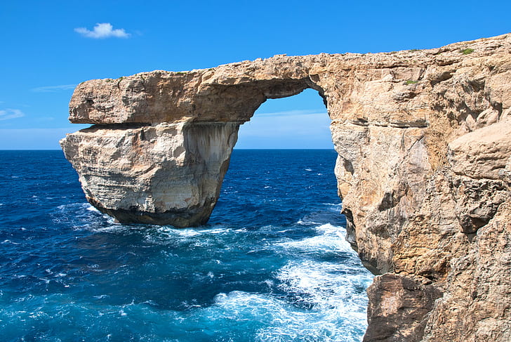 brown rock formation on body of water during day time, malta, gozo, malta, gozo, Malta, Gozo, Azure Window, rock formation, body of water, day, time, sea, cliff, nature, coastline, rock - Object, blue, scenics, landscape, summer, HD wallpaper