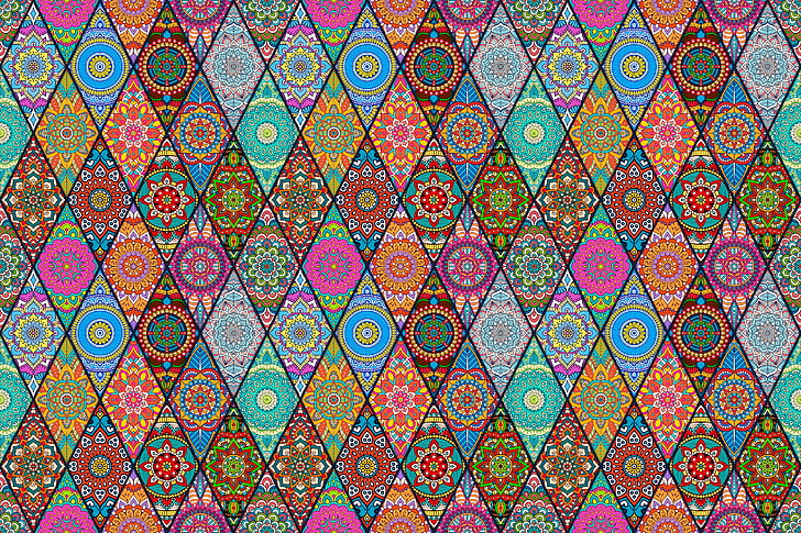 mehrfarbige Mandala digitale Tapete, Blumen, Muster, Diamanten, HD-Hintergrundbild