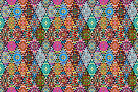 mehrfarbige Mandala digitale Tapete, Blumen, Muster, Diamanten, HD-Hintergrundbild HD wallpaper