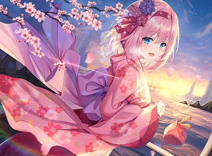 Princess Connect Re: Dive, gadis anime, Kusano Yui, rambut pendek, rambut merah muda, mata biru, Wallpaper HD HD wallpaper