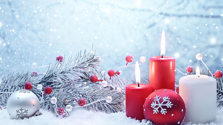 sapin, boules, neige, Noël, Nouvel an, flocons de neige, décorations, bougies, Fond d'écran HD