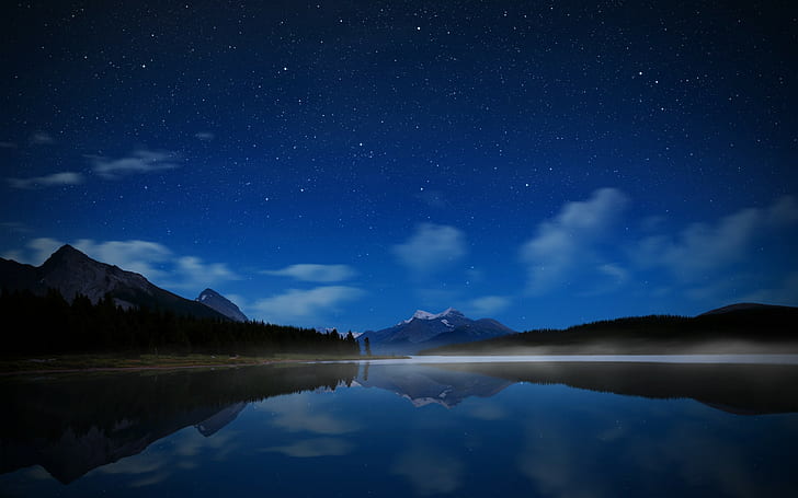 езеро, нощ, вода, небе, звезди, планини, отражение, HD тапет