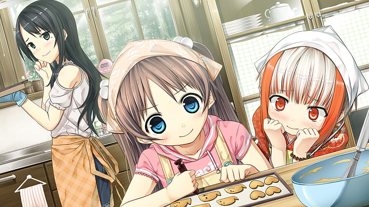three female anime characters illustration, monobeno, sawai natsuha, sumi, girl, cute, smile, dough, kitchen, HD wallpaper