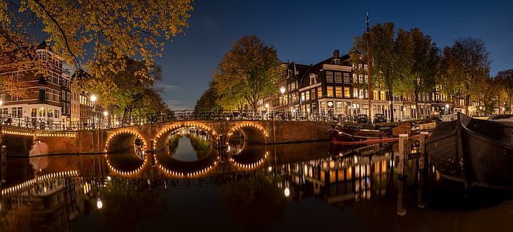 есен, дървета, нощ, мост, град, сграда, дом, лодки, осветление, Амстердам, светлини, канал, велосипеди, Холандия, HD тапет