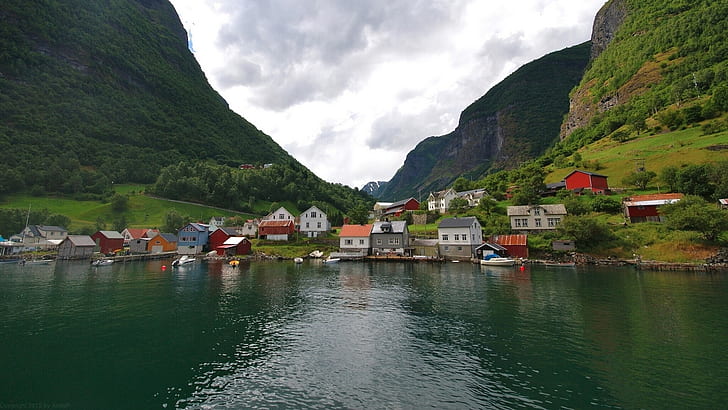 Норвегия, планини, къщи, село, езеро, Норвегия, планини, къщи, село, езеро, HD тапет