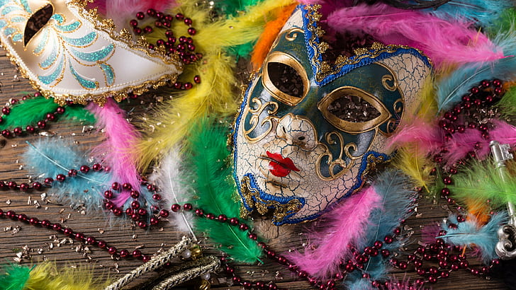 mask pearl necklace colorful feathers wooden surface keys venetian masks, HD wallpaper