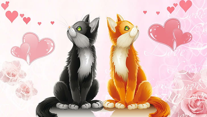Valentine Cats, cats, whimiscal, cute, kittens, feline, kitty, love, valentines day, hearts, animals, HD wallpaper