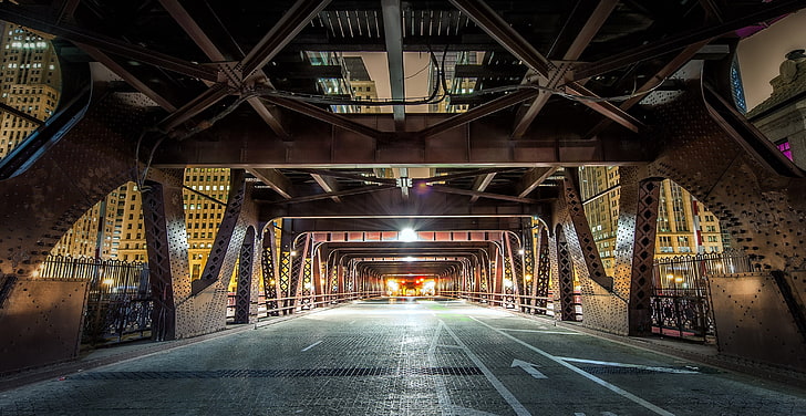 brown steel bridge, Chicago, street, asphalt, cityscape, HD wallpaper