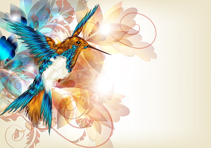 ilustrasi burung kolibri biru dan putih, abstraksi, sayap, vektor, paruh, burung kolibri, burung, Wallpaper HD