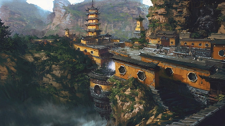 grünblättrige Bäume, Fantasiekunst, Forts, Chinesisch, HD-Hintergrundbild