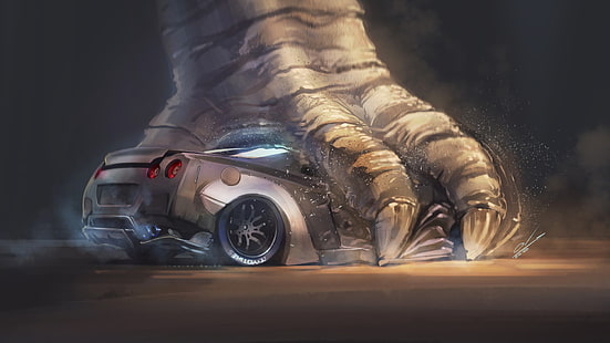  Figure, Monster, Background, Paw, Nissan, GT-R, Godzilla, Art, Skyline, Nissan Skyline, Gull, Nissan Skyline R32 GT-R, R32 GT-R, by Oakkar Nyi, Nissan Skyline R32 GT-R 