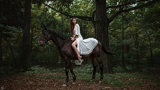 女性、馬、乗馬、森林、白いドレス、女性、馬、乗馬、森林、白いドレス、 HDデスクトップの壁紙 HD wallpaper