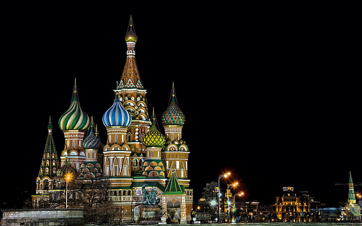 Catedral de São Basílio de Moscou, luzes, construção, arquitetura, Moscou, cúpula, noite, Catedral de São Basílio, HD papel de parede