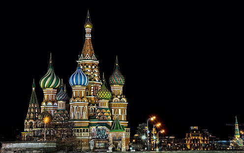 Moscow St. Basil's Cathedral, lights, building, architecture, Moscow, dome, night, St. Basil's Cathedral, HD wallpaper HD wallpaper