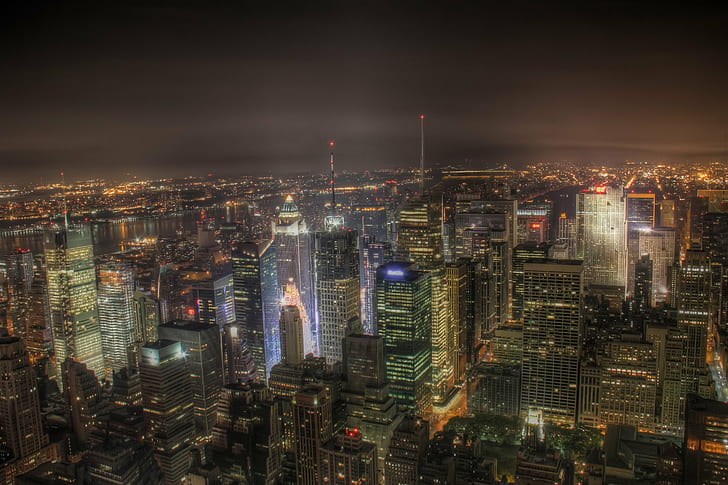 aerial photo of New York city, HDR, Times Square, Empire State Building, aerial photo, New York city, cityscape, urban Skyline, skyscraper, night, downtown District, urban Scene, architecture, city, famous Place, business, building Exterior, office Building, tower, asia, built Structure, aerial View, HD wallpaper
