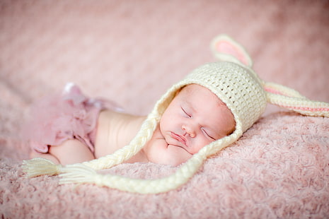 детская бежевая шапочка, ребенок, лицо, сладкое, малыш, малыш, новорожденный, HD обои HD wallpaper