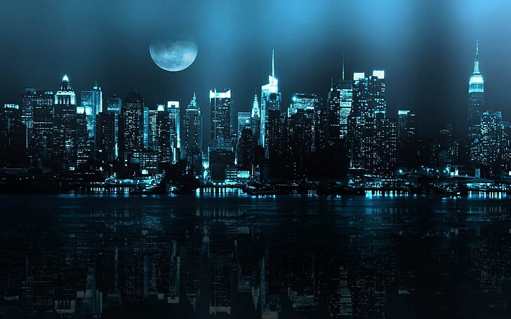 noche, paisaje urbano, reflexión, arte digital, Luna, Fondo de pantalla HD