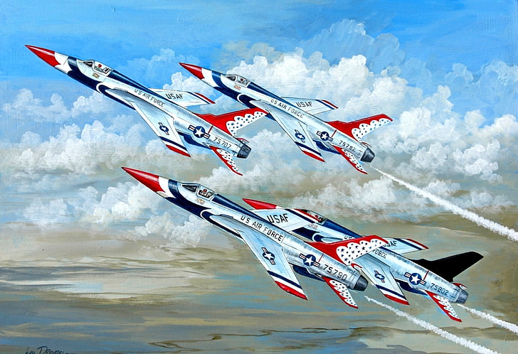 himlen, moln, figur, konst, flygplan, jet, FÖRENADE STATENS LUFTKRAFT, stridsbombare, F-105, HD tapet