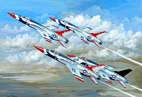 небо, облака, рисунок, арт, самолеты, реактивный самолет, ВВС США, истребители-бомбардировщики, F-105, HD обои HD wallpaper
