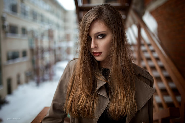 women, model, brunette, smoky eyes, blue eyes, red lipstick, grey coat, coats, trench coat, HD wallpaper