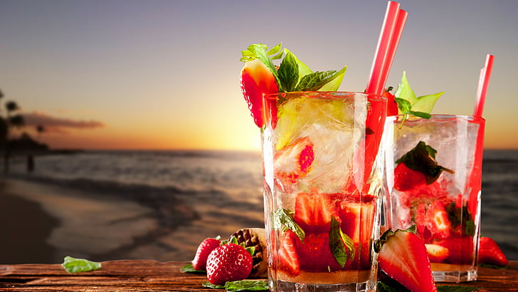 sliced strawberries on two pint glasses with red straws, cocktails, tropical, beach, fruit, strawberries, ice, mint, HD wallpaper