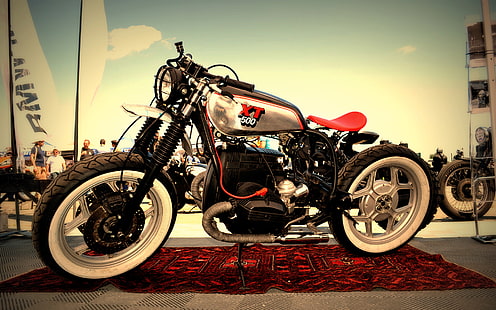 czarny, biały i czerwony motocykl cruiser, bmw, motocykl, cafe racer, xt500, Tapety HD HD wallpaper