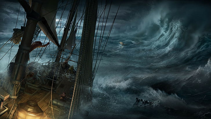nature, water, sea, waves, digital art, sailing ship, storm, dark, clouds, ropes, destruction, sailors, Assassin's Creed III, video games, HD wallpaper