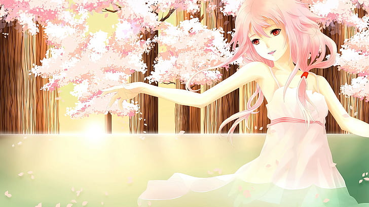 anime, gadis anime, rambut panjang, rambut merah muda, mata merah, tersenyum, bunga sakura, memalingkan muka, Wallpaper HD