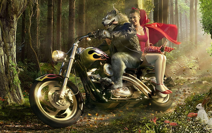 Wolf Biker and Little Red Riding Hood, black and red cruiser motorcycle, anime, background, funny, HD wallpaper