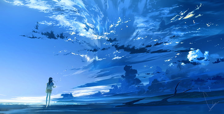 langit, awan, gadis anime, seni digital, menggambar, cyan, biru, Wallpaper HD