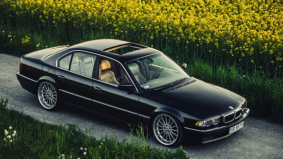 черный BMW M-серии седан, бмв, бумер, черный, станс, е38, биммер, ролики, 740iA, HD обои HD wallpaper
