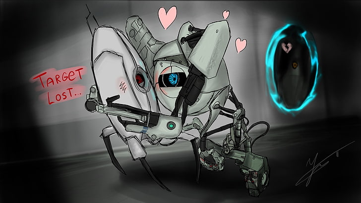 wallpaper digital robot abu-abu, Portal (game), Portal 2, video game, Wallpaper HD