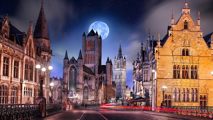 landmark, building, medieval architecture, urban area, belgium, sky, tourist attraction, city, ghent, architecture, night, view, full moon, lights, city lights, cityscape, church, moon, HD wallpaper