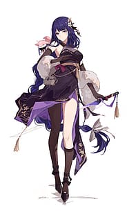  anime girls, Genshin Impact, Yajuu, Raiden Shogun (Genshin Impact), purple hair, purple eyes, Japanese clothes, video games, HD wallpaper HD wallpaper