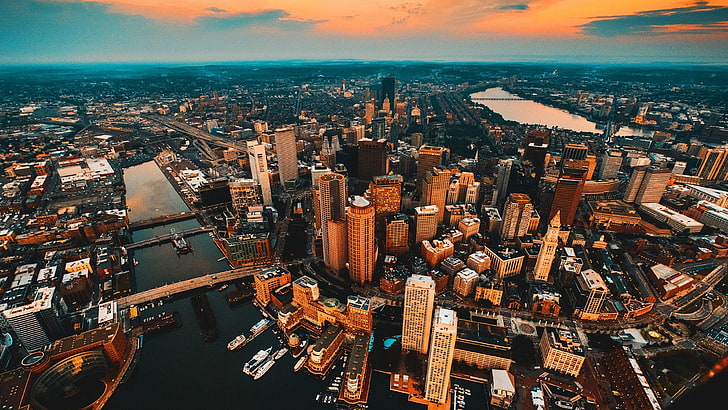 city, cityscape, aerial view, boston, aerial photography, massachusetts, united states, skyline, sky, skyscraper, daytime, downtown, horizon, HD wallpaper