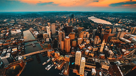 град, градски пейзаж, въздушен изглед, Бостън, въздушна фотография, Масачузетс, Съединени щати, силует, небе, небостъргач, ден, център, хоризонт, HD тапет HD wallpaper